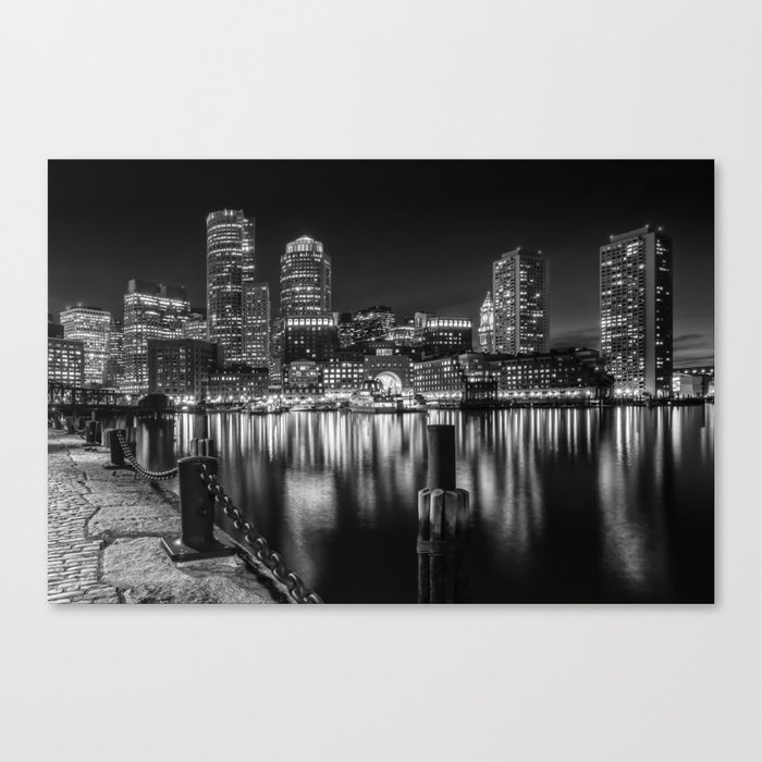 BOSTON Fan Pier Park & Skyline at night | monochrome Canvas Print