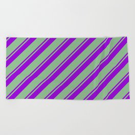 [ Thumbnail: Dark Violet and Dark Sea Green Colored Lines Pattern Beach Towel ]