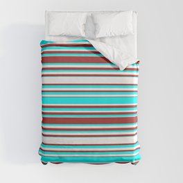 [ Thumbnail: Cyan, White, and Brown Colored Lines/Stripes Pattern Duvet Cover ]