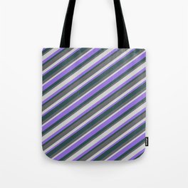 [ Thumbnail: Purple, Dark Slate Gray, Dim Gray, and Light Grey Colored Lined Pattern Tote Bag ]