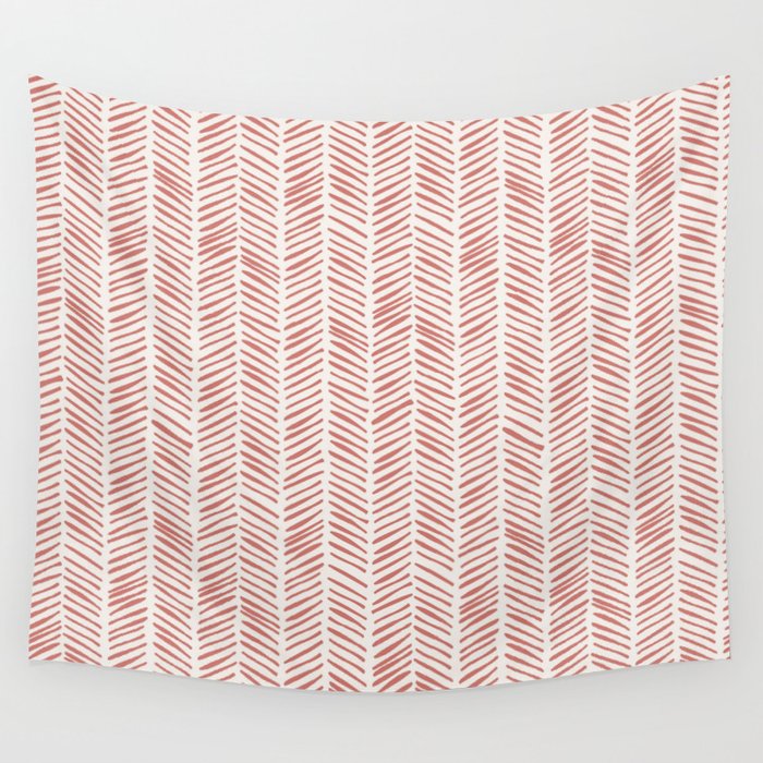 Herringbone Handdrawn - Coral Clay on Alabaster White Wall Tapestry