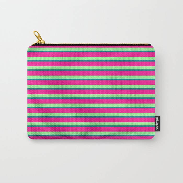 Green, Teal, and Deep Pink Colored Stripes Pattern Carry-All Pouch