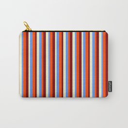 [ Thumbnail: Cornflower Blue, Red, Maroon & Light Yellow Colored Striped Pattern Carry-All Pouch ]