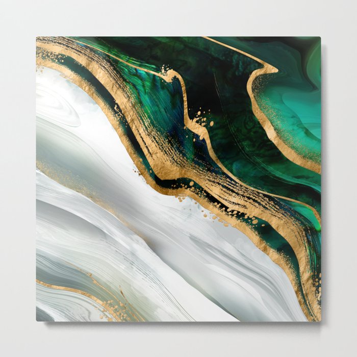 Malachite green watercolor and gold Metal Print