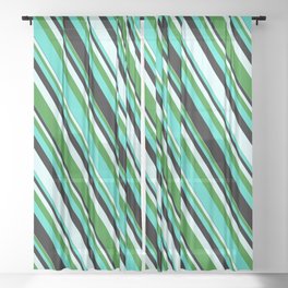 [ Thumbnail: Turquoise, Black, Light Cyan, and Forest Green Colored Stripes Pattern Sheer Curtain ]