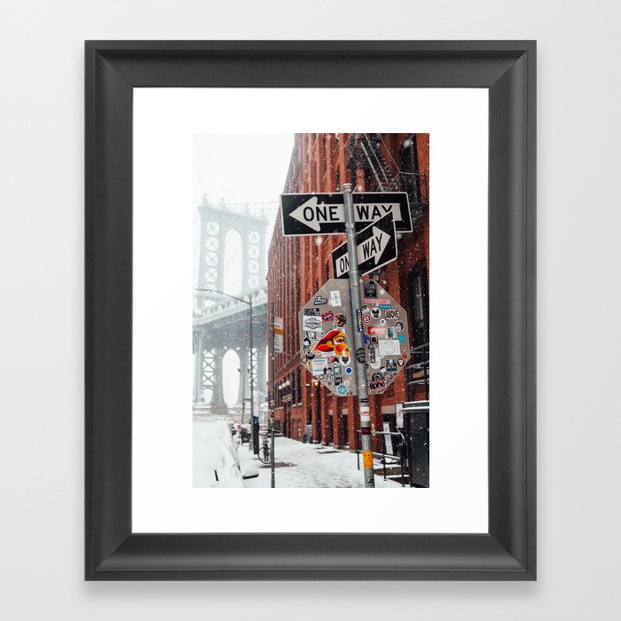 Street sign in snow near Manhattan Bridge Framed Art Print