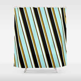 [ Thumbnail: Black, Dark Goldenrod, Turquoise & Mint Cream Colored Lined Pattern Shower Curtain ]