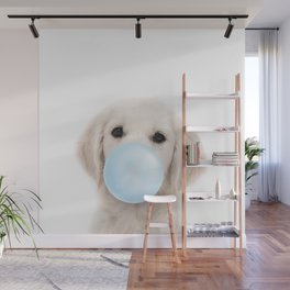 Puppy Golden Retriever, Labrador Blowing Bubble Gum, Baby Boy, Baby Animals Art Print by Synplus  Wall Mural