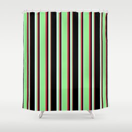 [ Thumbnail: Crimson, Light Green, Light Cyan, and Black Colored Pattern of Stripes Shower Curtain ]