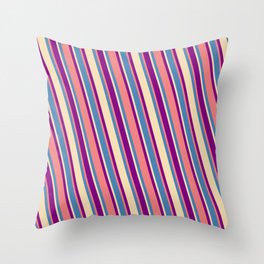 [ Thumbnail: Blue, Tan, Purple & Light Coral Colored Pattern of Stripes Throw Pillow ]