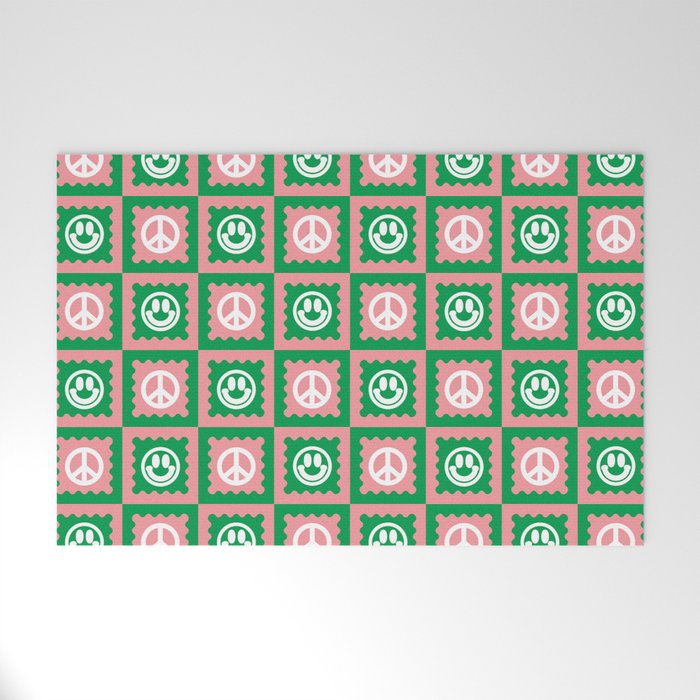 Funky Checkered Smileys and Peace Symbol Pattern (Pink, Green, White) Welcome Mat