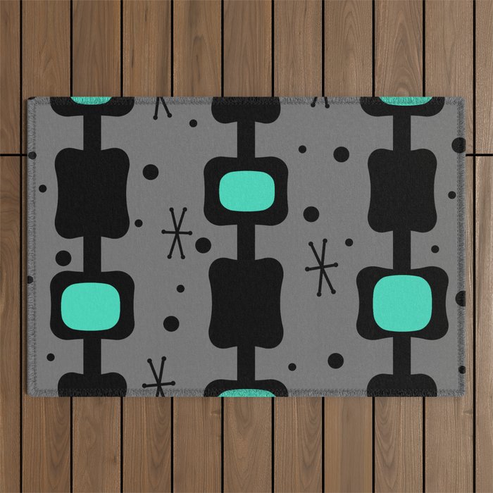 Retro Mid Mod Columns Boxes Turquoise Outdoor Rug