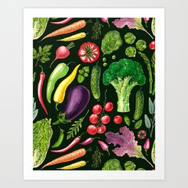 Vegetable and herbs garden on dark green Art Print