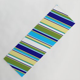 [ Thumbnail: Eyecatching Green, Deep Sky Blue, White, Blue, and Tan Colored Stripes/Lines Pattern Yoga Mat ]