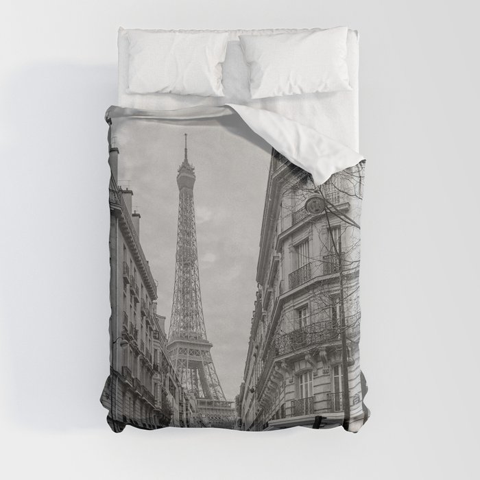 Paris streets and the Eiffel Tower Black and white Duvet Cover