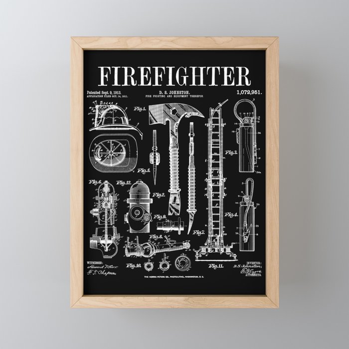 Firefighter Fire Department Fireman Vintage Patent Print Framed Mini Art Print