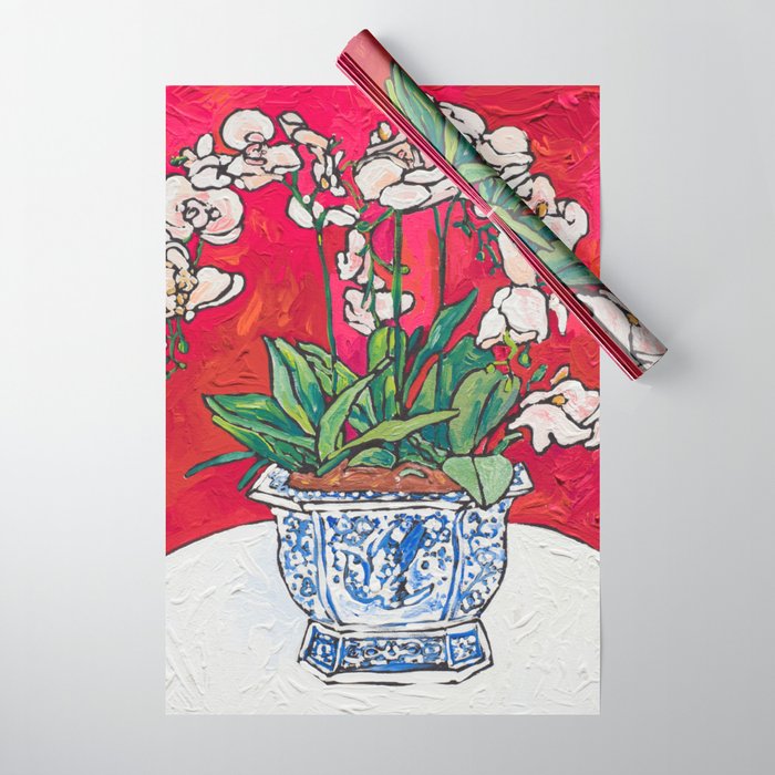 Orchid in Blue-and-white Bird Pot on Red after Matisse Wrapping Paper