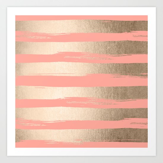 Painted Stripes Tahitian Gold on Coral Pink Art Print