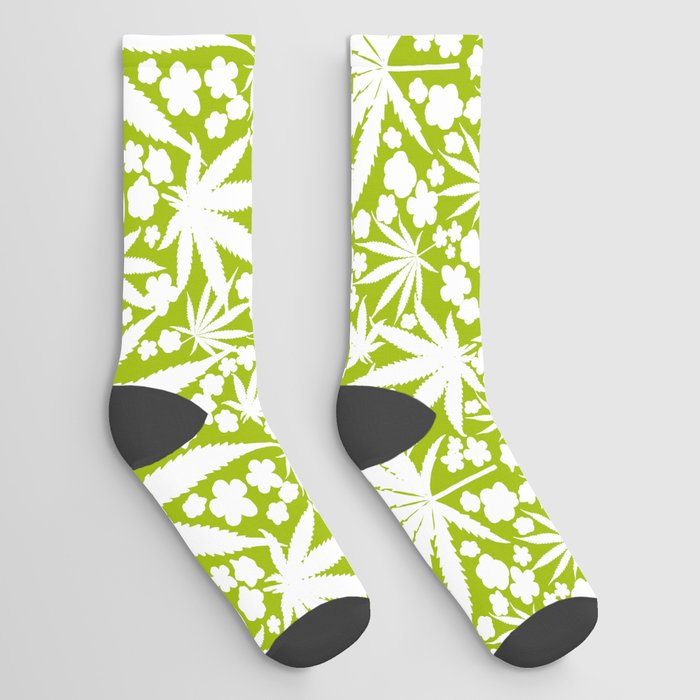 Mid-Century Modern Cannabis And Flowers Green Socks