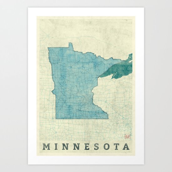 Minnesota State Map Blue Vintage Art Print