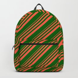 [ Thumbnail: Red and Dark Green Colored Stripes Pattern Backpack ]