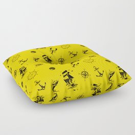 Yellow And Black Silhouettes Of Vintage Nautical Pattern Floor Pillow