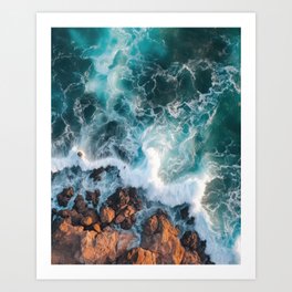 Teal Ocean Waves – Waves Crushing at Rocks – Aerial Ocean Photography Art Print