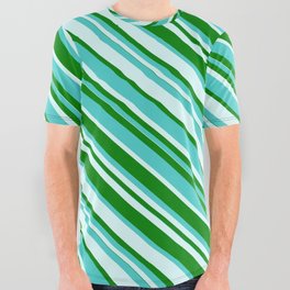 [ Thumbnail: Green, Turquoise & Light Cyan Colored Lined/Striped Pattern All Over Graphic Tee ]