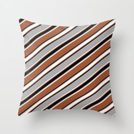 [ Thumbnail: Dark Gray, White, Sienna & Black Colored Pattern of Stripes Throw Pillow ]