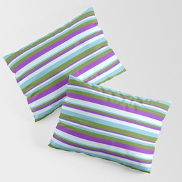 [ Thumbnail: Sky Blue, Green, Dark Orchid, and Light Cyan Colored Striped Pattern Pillow Sham ]