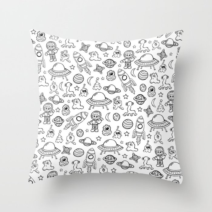Space Print, Black and White pattern, Alien Illustration, Outer Space, Rocket Ship Throw Pillow