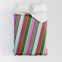 [ Thumbnail: Colorful Violet, Red, Grey, Dark Green & Light Cyan Colored Lined/Striped Pattern Duvet Cover ]