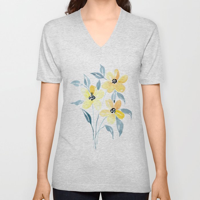 Vintage Yellow and Blue Floral Watercolor V Neck T Shirt