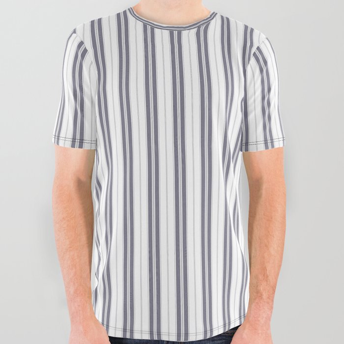 Navy Blue and White Narrow Vertical Vintage Provincial French Chateau Ticking Stripe All Over Graphic Tee