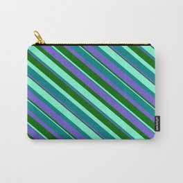 [ Thumbnail: Aquamarine, Teal, Slate Blue, and Dark Green Colored Striped Pattern Carry-All Pouch ]
