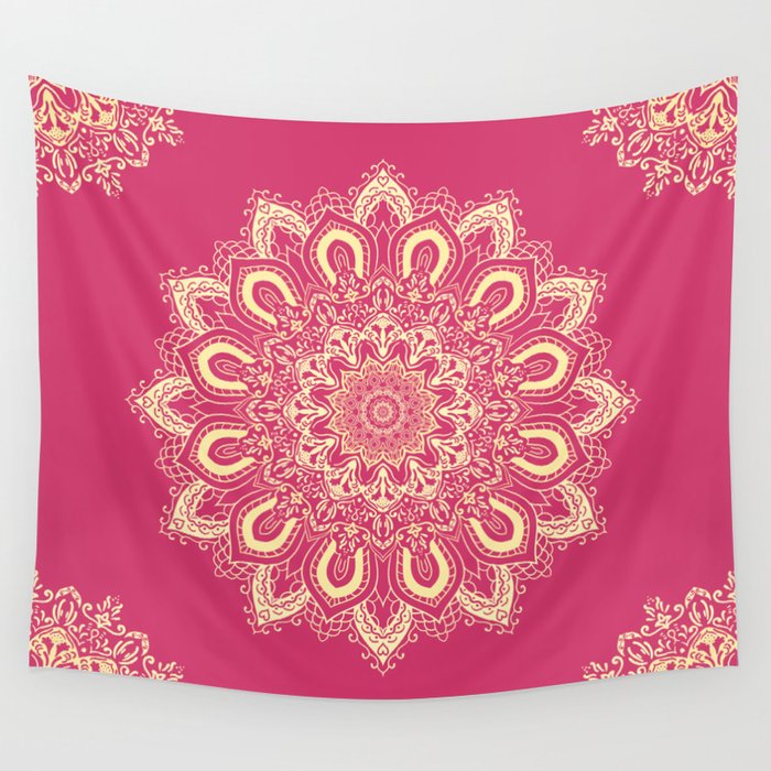 Boho Raspberry Pink Yellow Mandala Flower Wall Tapestry
