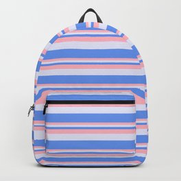 [ Thumbnail: Cornflower Blue, Light Pink & Lavender Colored Stripes Pattern Backpack ]