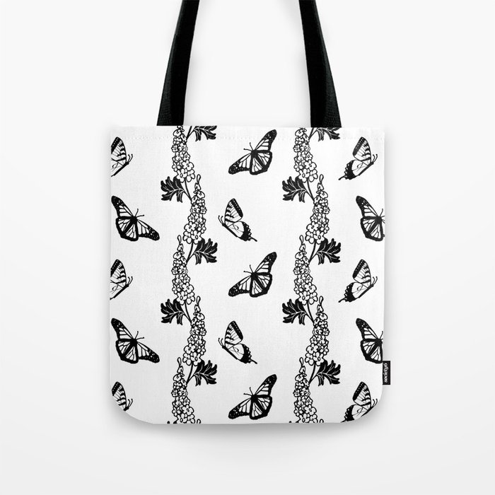 Delphiniums and Butterflies Black and White Tote Bag