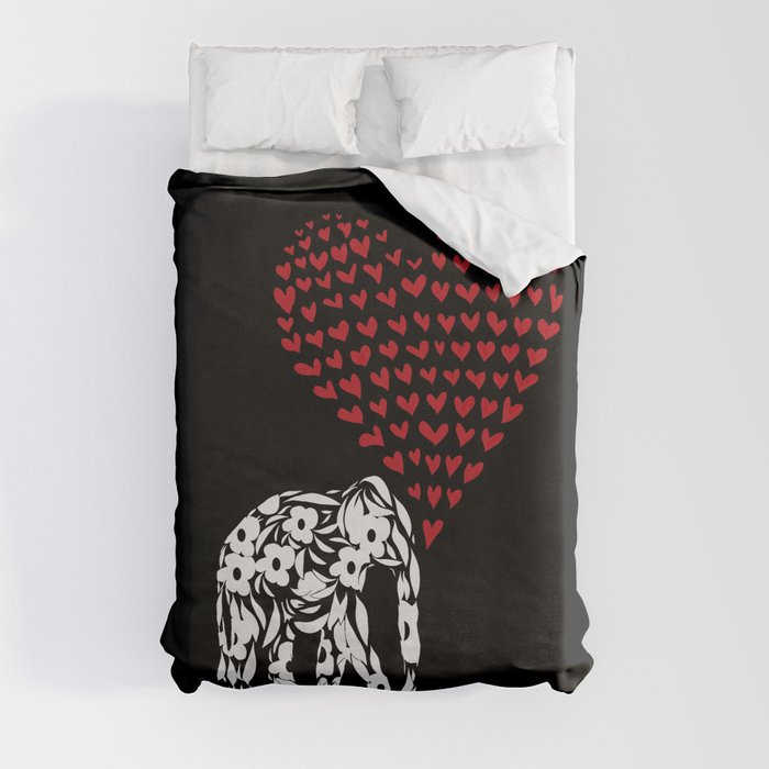 White Elephant Retro Flowers Red Heart Black Background #decor #society6 #buyart Duvet Cover