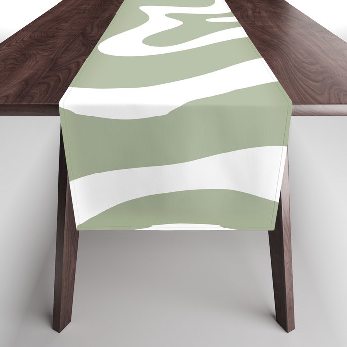 Liquid Swirl Abstract Pattern in Sage Green and White Table Runner