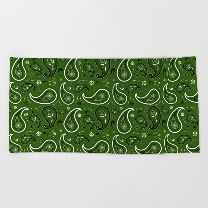 Black and White Paisley Pattern on Green Background Beach Towel