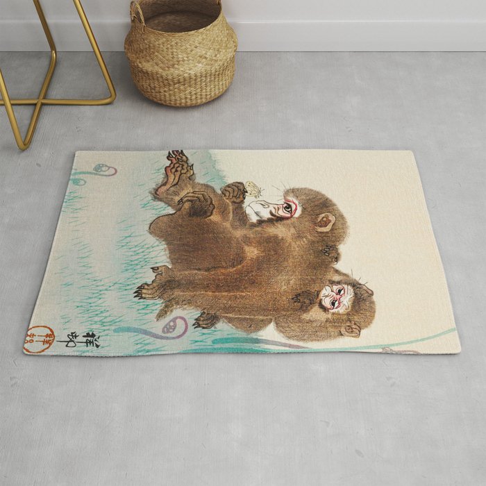 Two monkeys and butterfly - Vintage Japanese Woodblock Print Art  Rug
