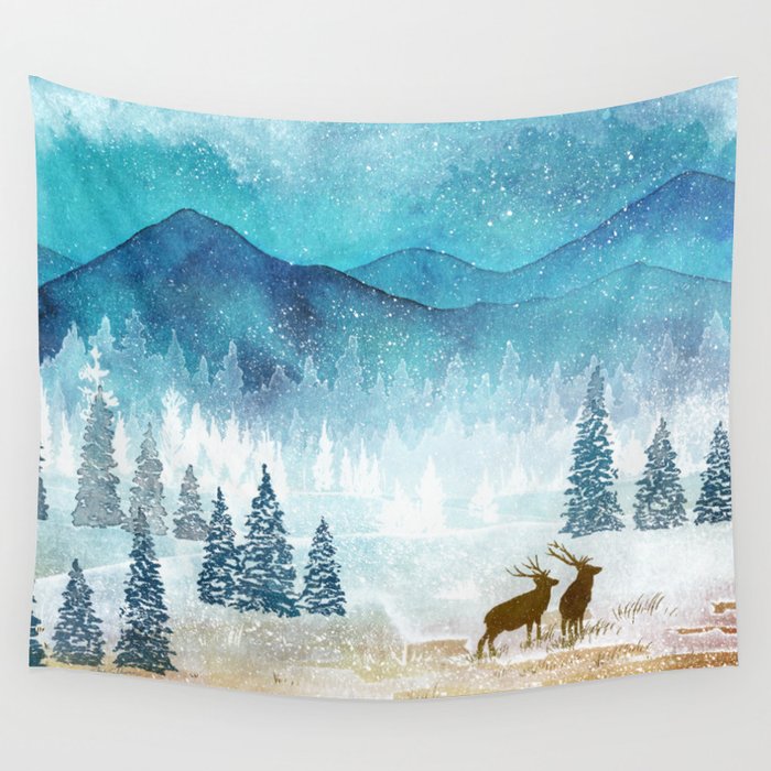 Snowy Elk Wall Tapestry