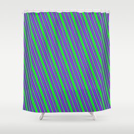 [ Thumbnail: Lime & Purple Colored Striped/Lined Pattern Shower Curtain ]