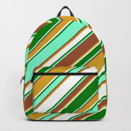 [ Thumbnail: Vibrant Aquamarine, Sienna, Goldenrod, White & Green Colored Lines/Stripes Pattern Backpack ]