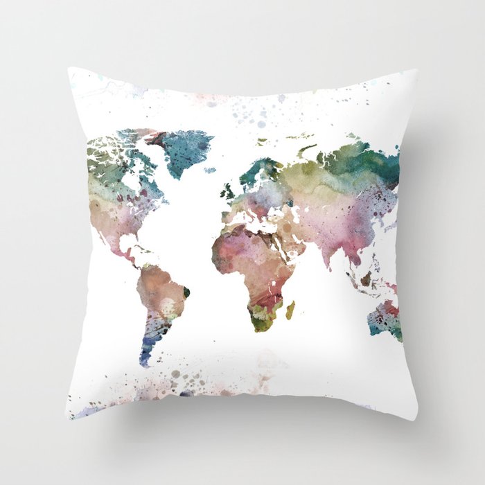 Watercolor World Map Throw Pillow