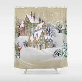 Hand drawn illustration with winter landscape and snowy houses in village Shower Curtain