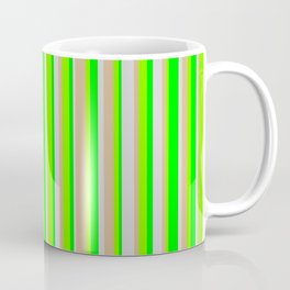 [ Thumbnail: Tan, Chartreuse, Lime & Light Grey Colored Striped/Lined Pattern Coffee Mug ]
