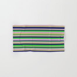 [ Thumbnail: Plum, Dark Khaki, Midnight Blue, and Lime Green Colored Lines/Stripes Pattern Hand & Bath Towel ]