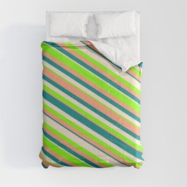 [ Thumbnail: Beige, Chartreuse, Light Salmon, and Teal Colored Lines Pattern Comforter ]